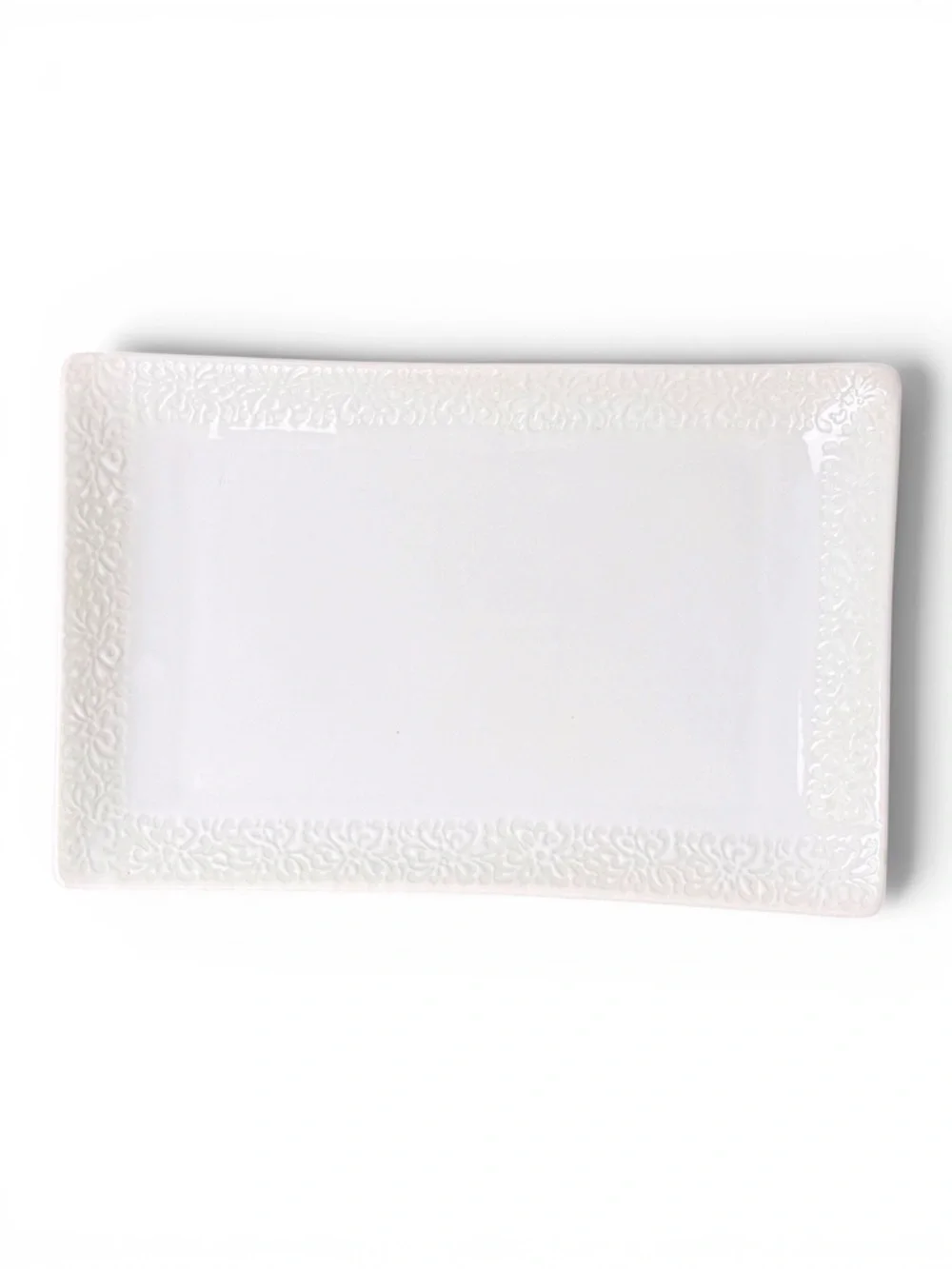 World Market Embossed Rectangle Small Ceramic Platter White EUC